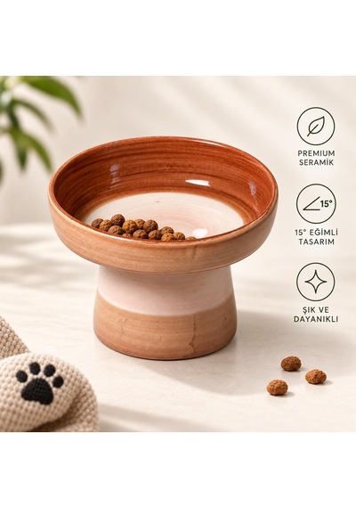 Seramik Kedi Köpek Mama Ve Su Kabı Fırça İzli Eğimli Ve Yükseltilmiş Mama Kabı, Boyun Ve Omurgayı Destekleyen Ergonomik Tasarım, Kolay Temizlenebilir Kahverengi-pembe