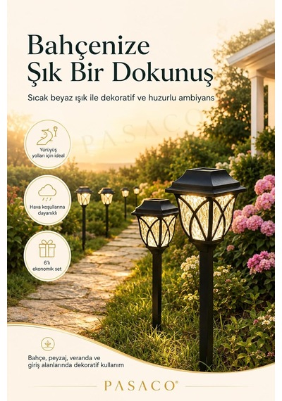 Tr 6'li Set Solar Güneş Enerjili Bahçe Yürüyüş Yolu Peyzaj Dekoratif Led Aydınlatma