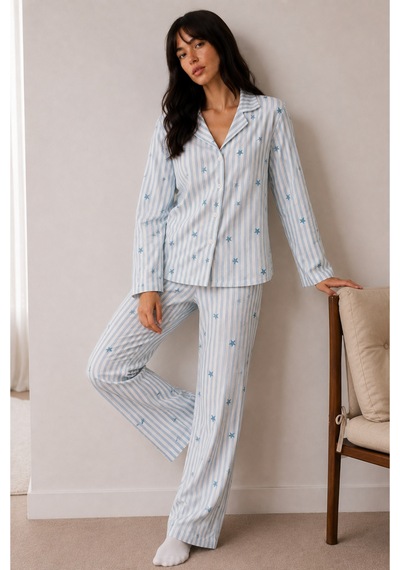 Kadın Düğmeli Kışlık Ev Mavi Pijama Takımı