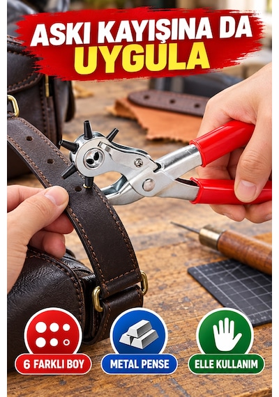 Evde 6 Farklı Boy Kemer Delme Pensesi Döner Başlıklı Metal Delik Açma Aparatı Deri Kemer Kayışı İçin