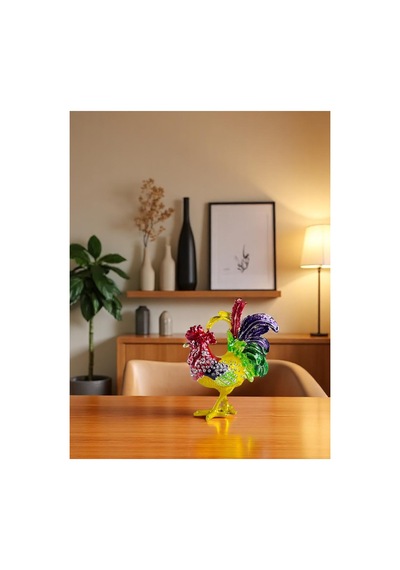 Dekoratif Renkli Horoz Biblo Taşlı Metal Masa Üstü Ev Aksesuarı 12x10 CM
