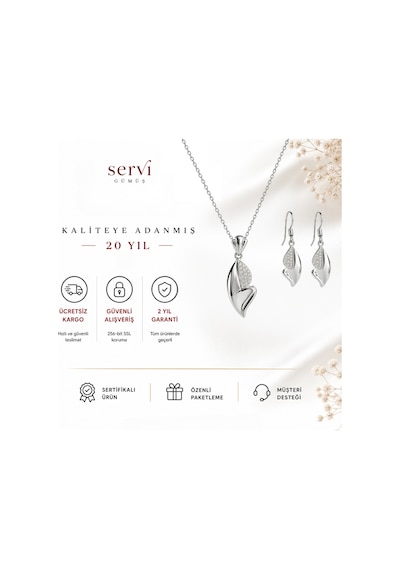Servi 925 Ayar Gümüş Zirkon Taşlı Yaprak Formlu Kolye Ve Küpe Seti-448