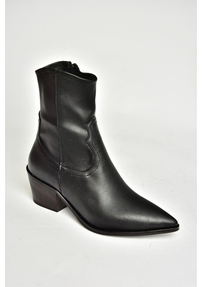Fox Shoes T356654109 Siyah Sivri Burunlu Kalın Topuklu Kadın Bot Siyah-Suni Deri Siyah