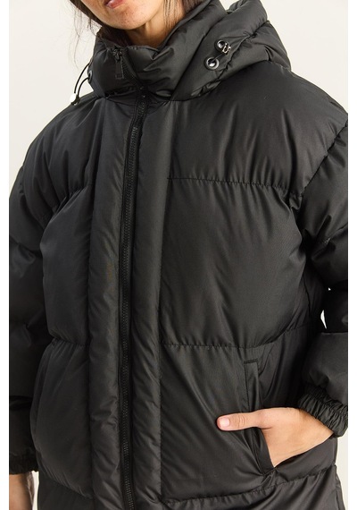 Shade Kadın Cep Detaylı Astarlı Kapüşonlu Uzun Puffer Mont 1129 60283868 - Siyah