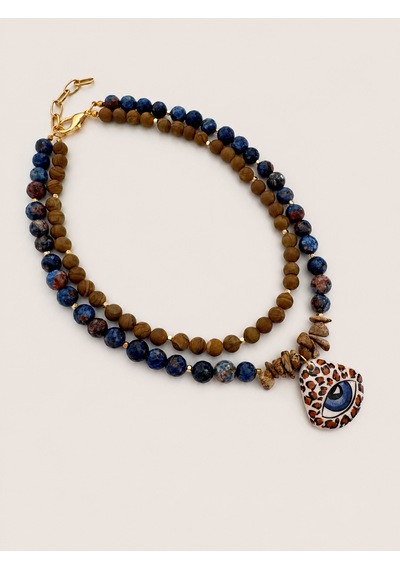 El Yapımı Kahverengi Jasper & Lapis Lazuli Doğal Taş İkili Kolye Seti Mavi - Kahverengi