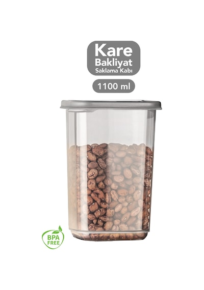 1 Adet Kapaklı Kare Saklama Kabı - Hava Almaz Erzak Gıda Un Şeker Bakliyat Kabı 1100 Ml Antrasit Gri