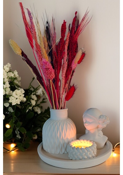 Dekoratif 4 Parça Vazo Seti - Vazo, Yuvarlak Tepsi, Tealight Mumluk, Dekoratif Kız Beyaz
