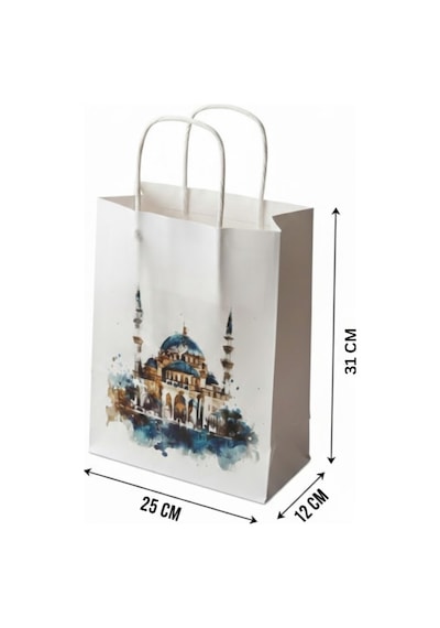 Ramazan Hediyelik Paketleme Çantası, 3 Adet, Cami Tasarımlı Kağıt