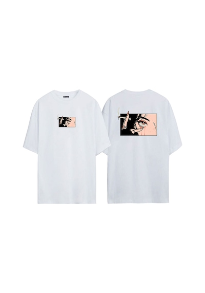 Thewert Unisex Anime Karekter Göz Yaşı Ön Arka Baskılı Beyaz Oversize T-shirt