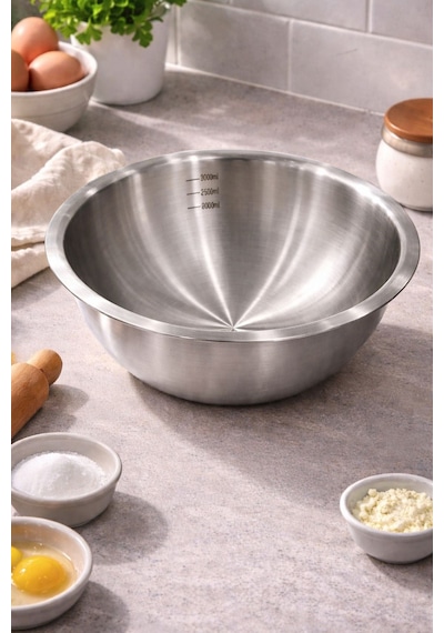 Qerhome Paslanmaz Çelik Gold Ölçülü Hamur Yoğurma & Karıştırma Kabı 3000 Ml 25 Cm Gümüş