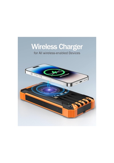 10000mah Solar Powerbank Wireless Kablosuz Şarj Özellikli Kendinden Kablolu Taşınabilir Şarj Aleti Mavi