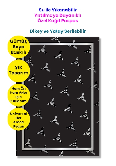 Suya Dayanıklı Yıkanır Kağıt Çark Desenli Oto Paspas Kağıdı Siyah Gümüş Baskı 50 Adet 35x50cm Kalın