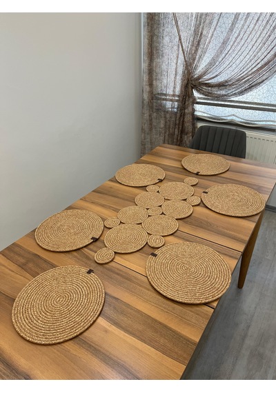 Senza Atelier Balon Model Jüt Runner Takımı - 6 Kişilik Supla Ve Geometrik Tasarım Hasır Masa Seti -