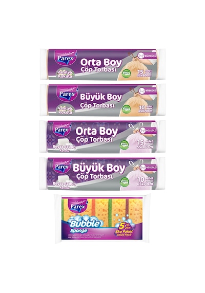 Orta Ve Büyük Boy Kokulu Büzgülü Çöp Torbası Ve 5'li Düz Bubble Sünger Paketi