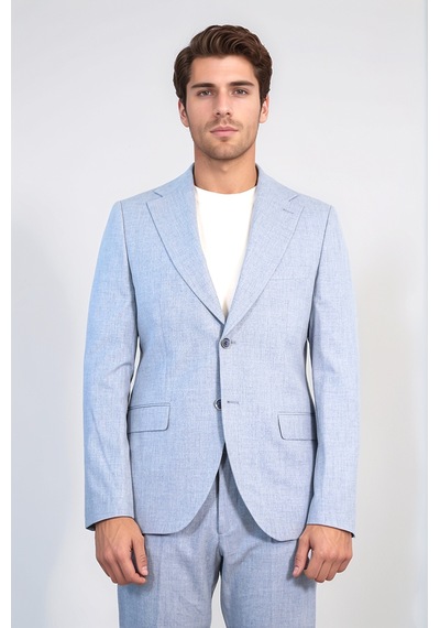 Buz Mavisi Slim Fit İki Düğmeli Keten Görünümlü Erkek Takım Elbise - Wessi Koyu Mavi