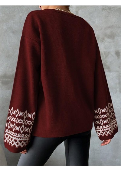 Bisiklet Yaka Salaş Kol Oversize Jakar Desenli Detaylı Bordo Triko Kazak Bordo