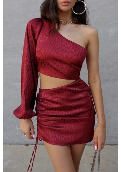 Fashion Cocktail Bel Dekolteli Tek Kol Gece Elbisesi Şarap Kırmızı Bordo