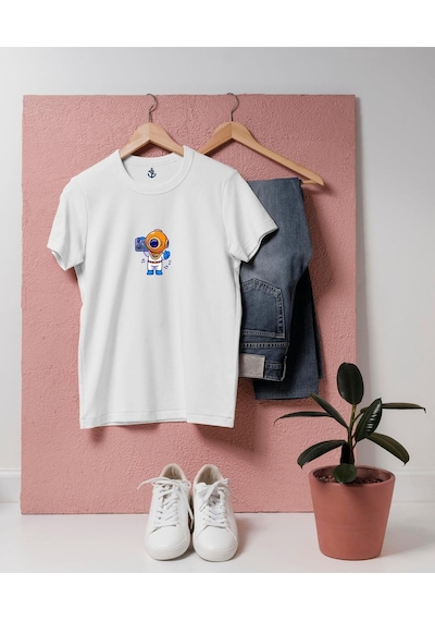 Oversize Müzik Kutusu Ve Dalgıç Tasarım Unisex T-shirt Beyaz