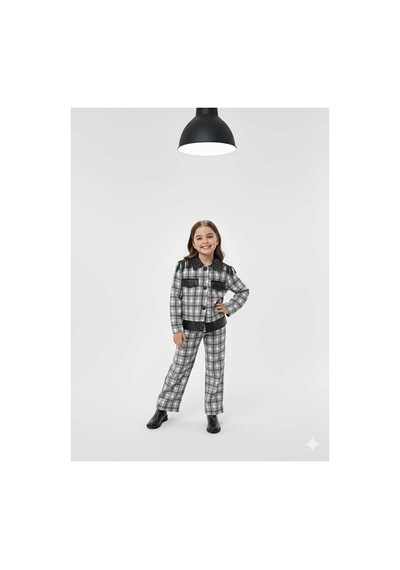 Bubiee Baby Kız Çocuk Siyah Beyaz Ekose Deri Detaylı Ceket Ve Geniş Paça Pantolon 2'li Takım Bubiee Baby Kız Çocuk Siyah Beyaz Ekose Deri Detaylı Ceket Ve Geniş Paça Pantolon 2'li Takım
