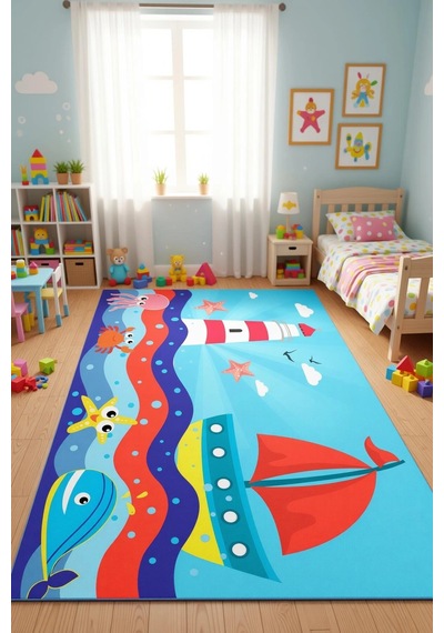 Kaptan Deniz Ve Sandal Desenli Çocuk Odası Halısı Mavi