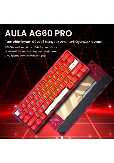 Aula Ag60 Pro Alüminyum Manyetik Klavye Hall Effect Aether Switch 8000hz Rgb Tkl Hot Swap Oyuncu Klavyesi Kırmızı