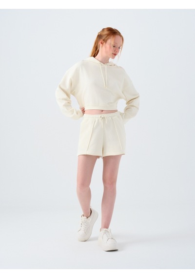 Loose Crop Kadın Sweatshirt Ekru