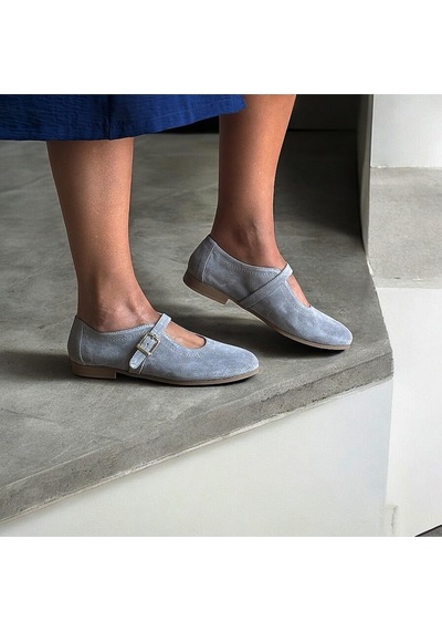 Ne&ve Shoes Gri Süet Hakiki Deri Tokalı Kadın Babet