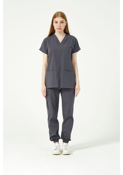 Füme Likralı Scrubs Kargo Cep Jogger Paça Doktor Hemşire Forması Yarasa Kol Takım Unisex