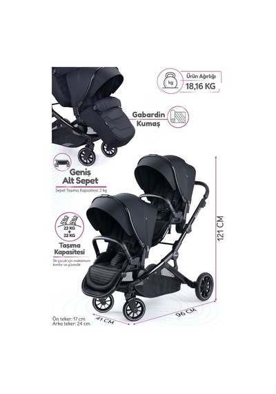 Prego İbiza New Pro İkiz Bebek Arabası Siyah