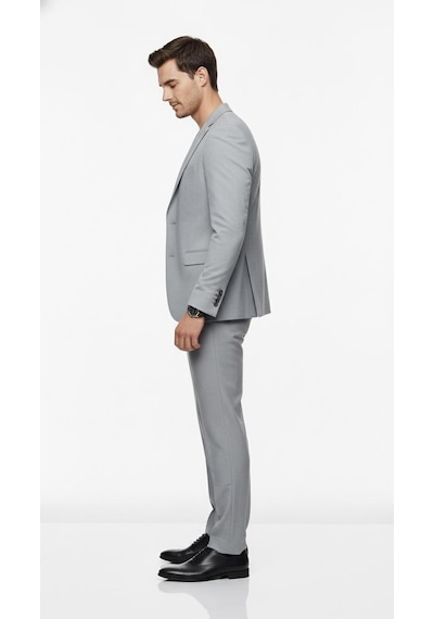 Erkek Slim Fit Mikro Desenli Takım Elbise 2 Düğmeli Çift Yırtmaçlı Modern Ceket Pantolon Takım Gri