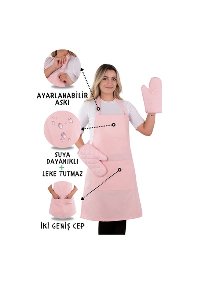 Simple 3lü Set Ayar Askılı Cepli Mutfak Önlüğü Seti 2 Eldiven Şef Garson Kafe Aşçı Barista Pembe