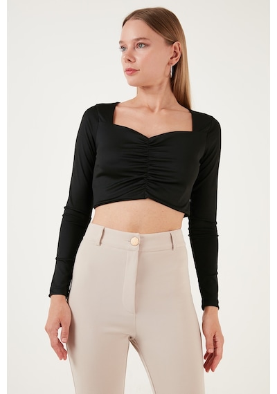 Lela Slim Fit Kalp Yaka Önü Büzgülü Crop Bayan Bluz 5865401 Siyah