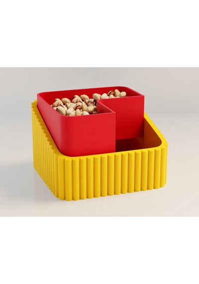 3d Baskı Fıstık Kasesi - Çift Hazneli Kabuk Ayırıcı Sunum Kasesi - Sarı Kırmızı