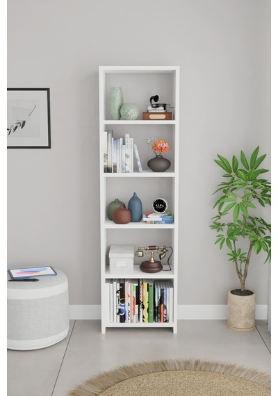 Alpaevmobilya Ahşap 5 Raflı 150 Cm Çok Amaçlı Açık Kitaplık Dekoratif Salon Rafı Düzenleyici Ve Organizer Beyaz
