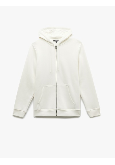 Koton Şardonlu Regular Fit Kapüşonlu Fermuarlı Uzun Kollu Kanguru Cepli Sweatshirt Ekru 7wam70004mk