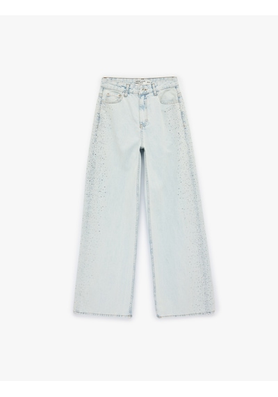 Koton Pamuklu Düğmeli Cepli Geniş Paça Taşlı Denim Pantolon - Wide Leg Jeans Açık İndigo 6sal40010md Açık İndigo