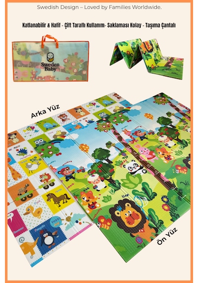 Happy Jungle Çift Taraflı Katlanabilir Oyun Halısı Ve Matı Premium Seri Taşıma Çantalı-180x120