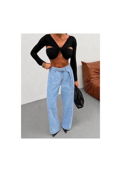 Kene Jeans Kemer Kuşaklı Buz Kar Ön Detaylı Denim Palazzo Pantolon Mavi