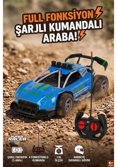 Şarjlı Ve Darbeye Dayanıklı Rc Araba - Super Racer 1:18 Off-road Mavi