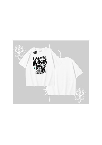 Tarzsokak Am Hungry Kedi Baskılı Oversize Tshirt Beyaz