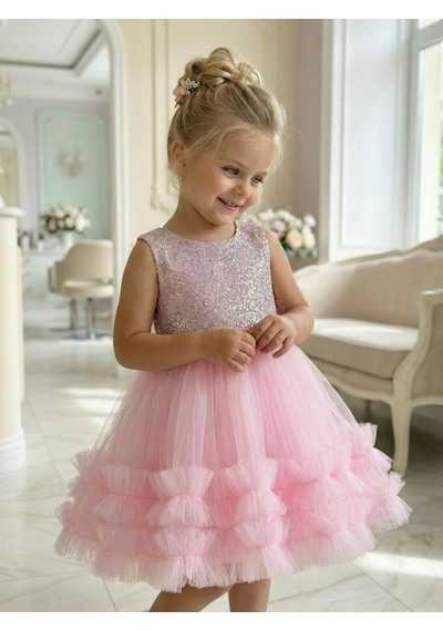 Butikhappykids Kız Çocuk Pembe Payetli Volanlı Tüllü Prenses Abiye Elbise 1-5 Yaş Pembe