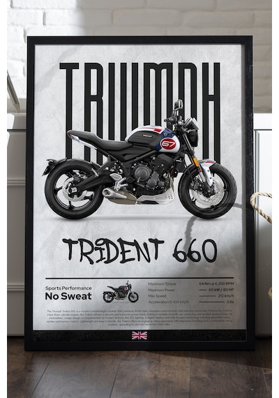 Triump Trident 660 Siyah Ahşap Çerçeveli Poster, Dekoratif Motosiklet Duvar Tablosu