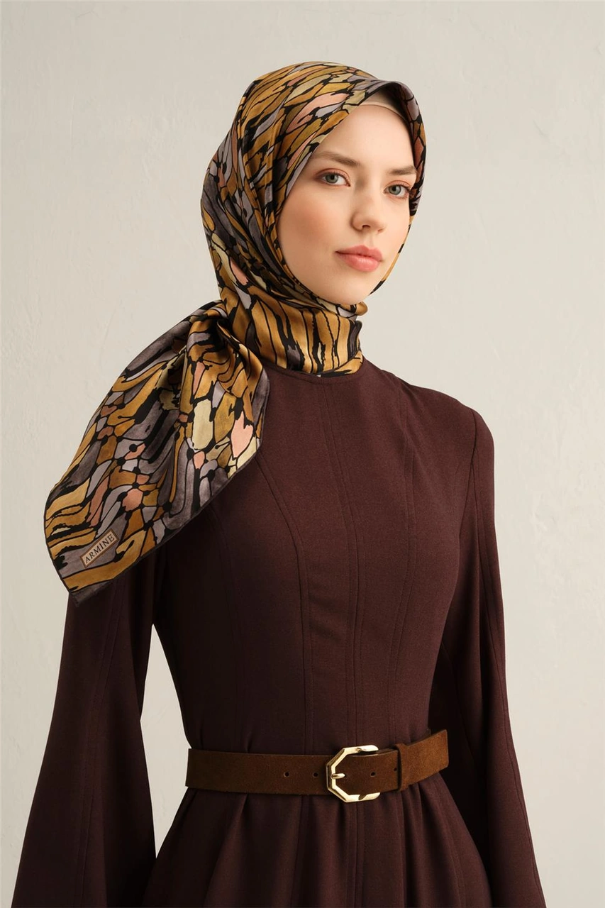 Armine Soyut Desenli Saf İpek Twill Eşarp 9335d 50 KAhverengi