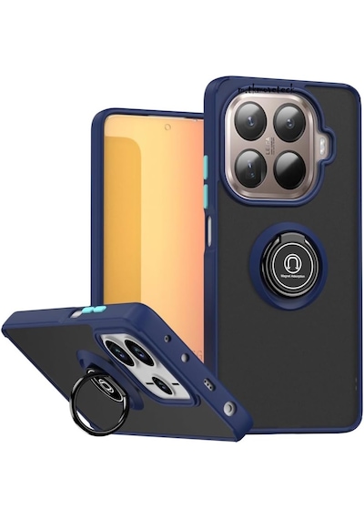 Xiaomi Mi 15t Pro Kılıf Mat Parmak Izi Yapmaz Renkli Tuşlu 360 Yüzüklü Standlı Military Sert Silikon Kapak Lacivert