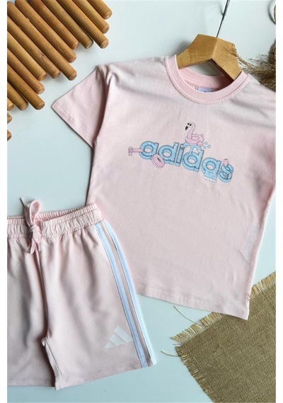 Noble Kids Kız Çocuk Yazlık Logo Baskılı Tişört Ve Şort Takım Pembe