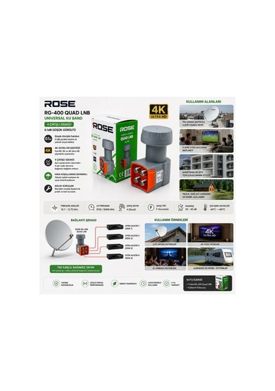 4lü Uydu Lnb Unıversal Quad 4k Ultra Hd - 3d - 0.1db Rg-400 5566 Çok Renkli