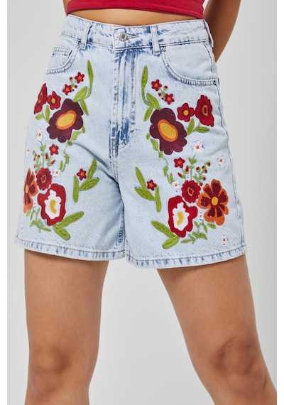 Itsbasic Kadın Ice Kot Rengi 3s5-3 Kırmızı Çiçek Nakışlı Midi Boy %100 Koton Rahat Kesim Tasarım Denim Şort Ice Rengi