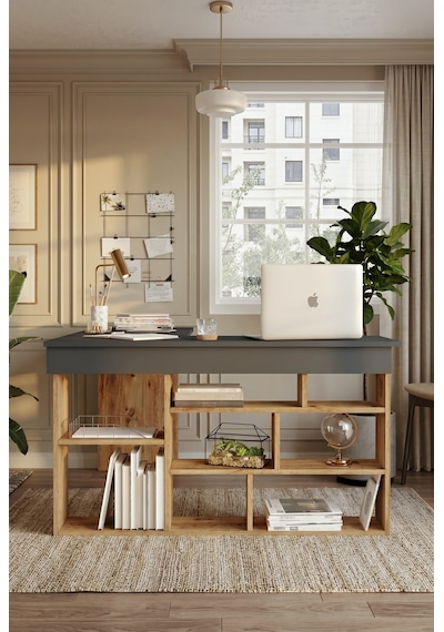 Yurudesign Tywin Kitaplık Raflı Çalışma Masası Çam-Antrasit