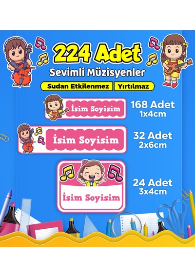 Sevimli Müzisyen Temalı Okul Kreş Kişiye Özel İsim Etiket Seti - Model 502 Çok Renkli