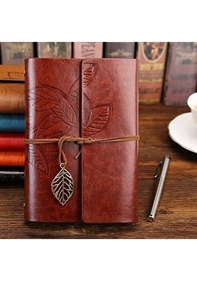 Yaprak Desenli Kahverengi Deri Defter Dekoratif Hediyelik Çok Renkli